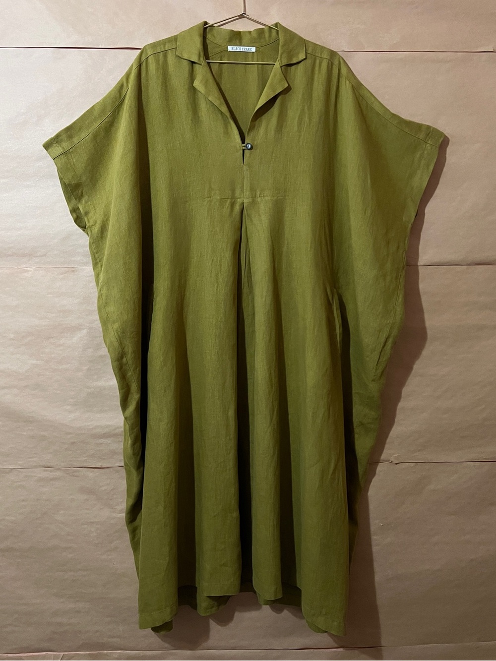 Black Crane | Linen Kite Dress Split Neck Popover Kaftan Midi Dress One Size